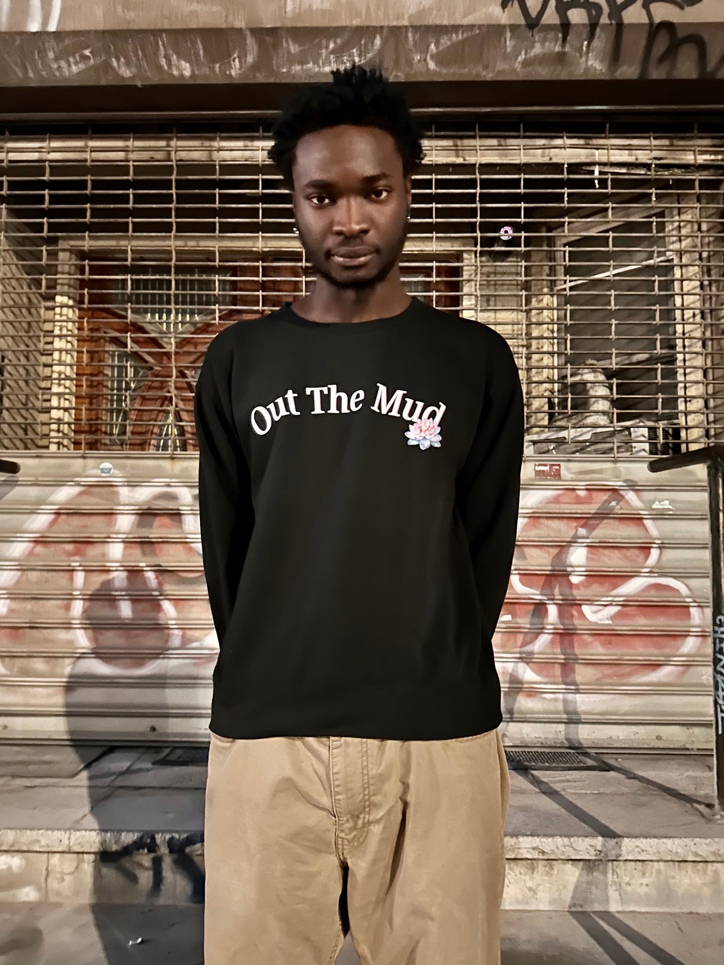 black out the mud crewneck sweater with psalm 40 1 and 2 scripture and lotus flower design