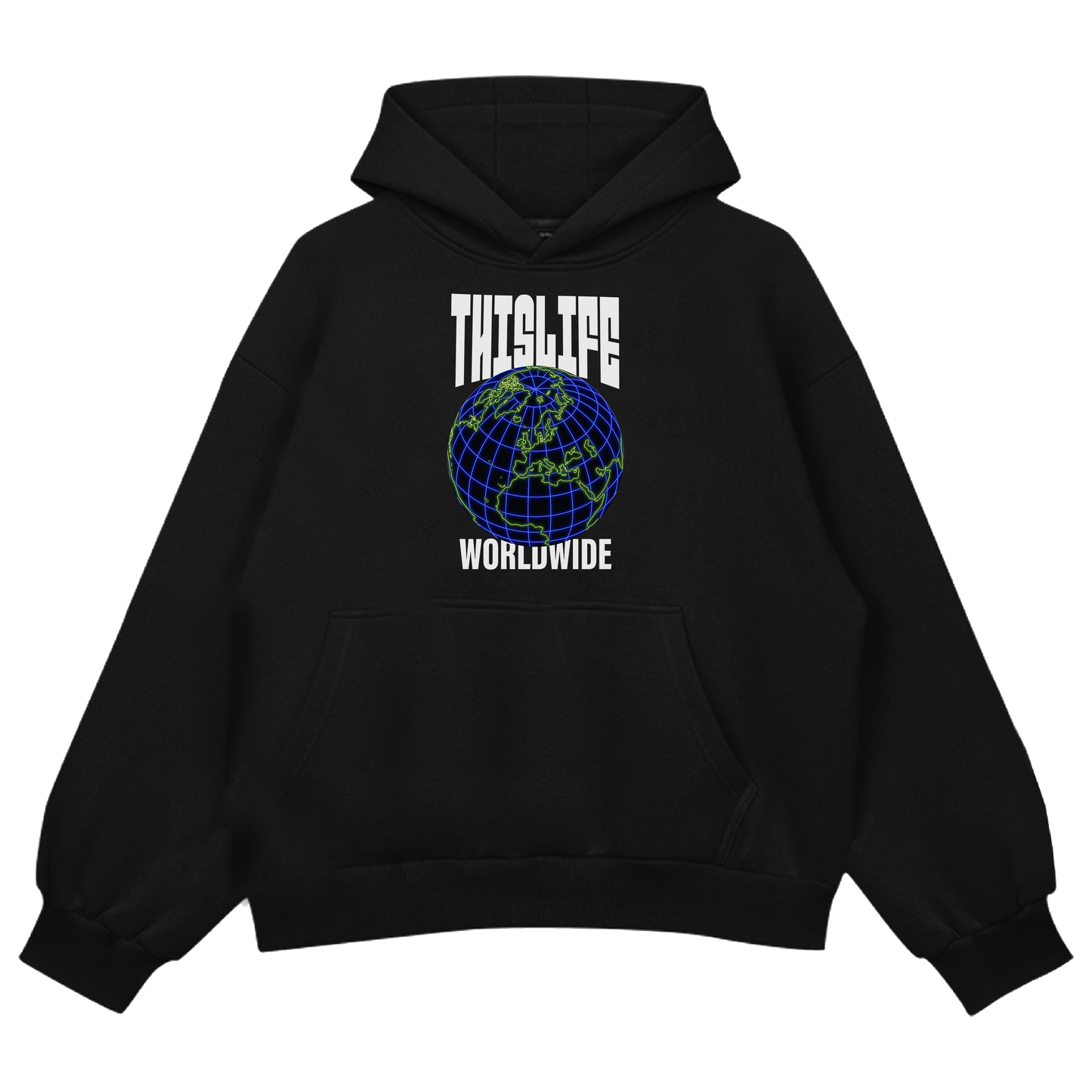 black oversized pullover hoodie with THisLIFE Worldwide design