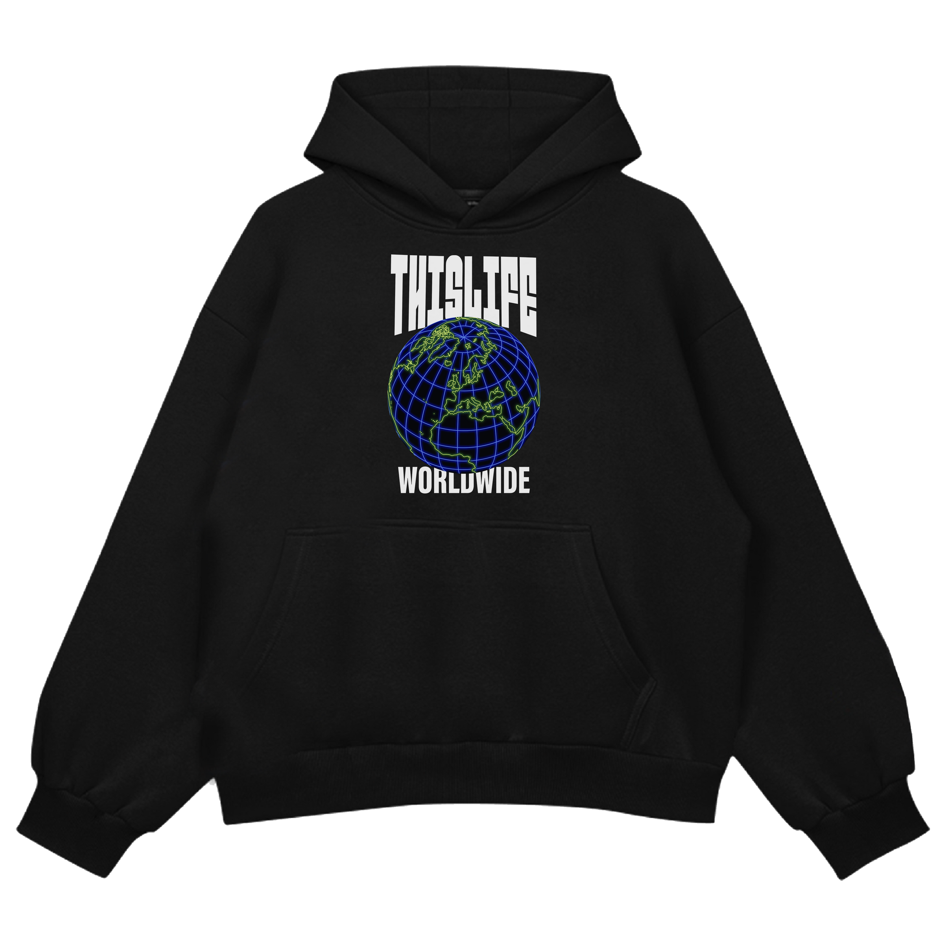 black oversized pullover hoodie with THisLIFE Worldwide design