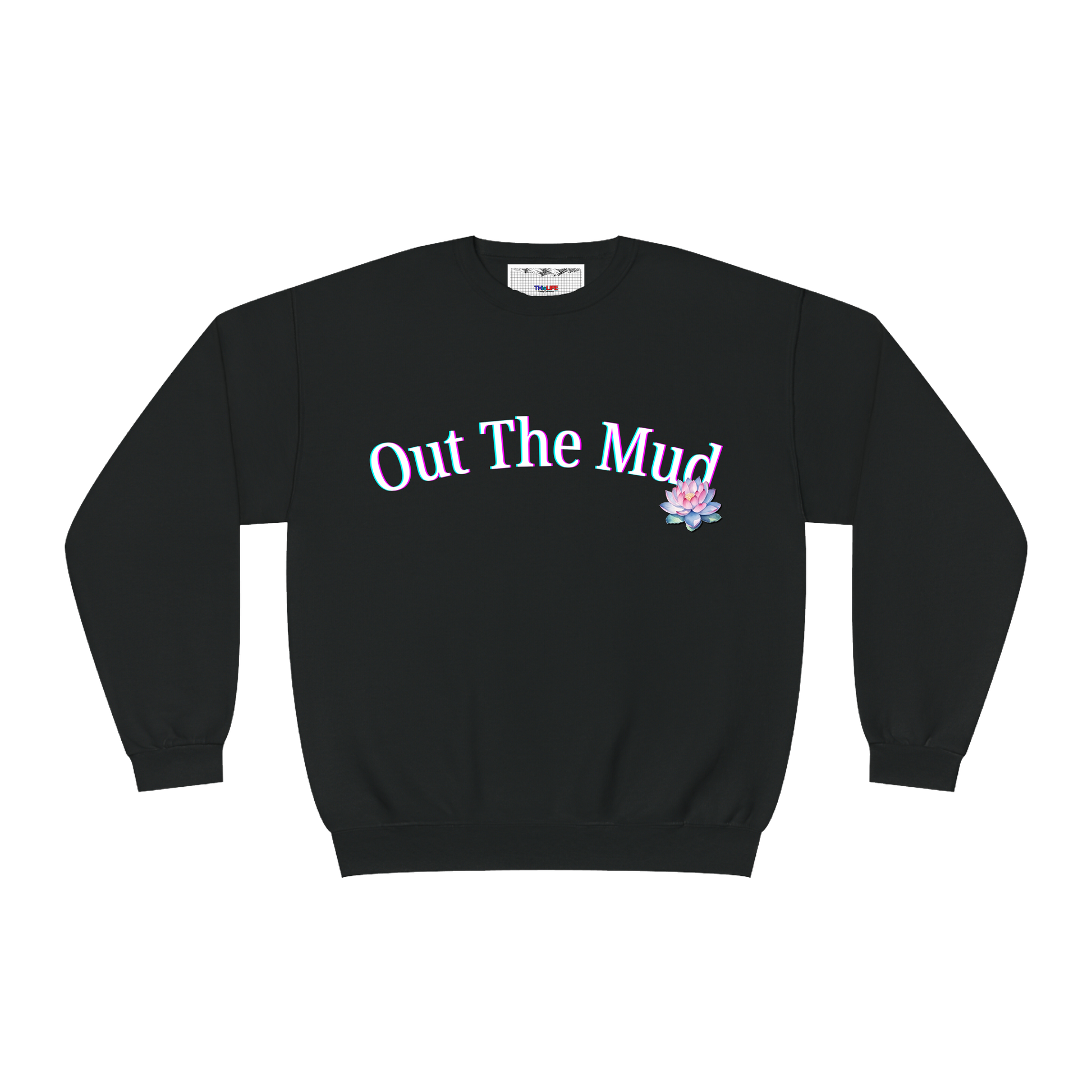 black out the mud crewneck sweater with psalm 40 1 and 2 scripture and lotus flower design