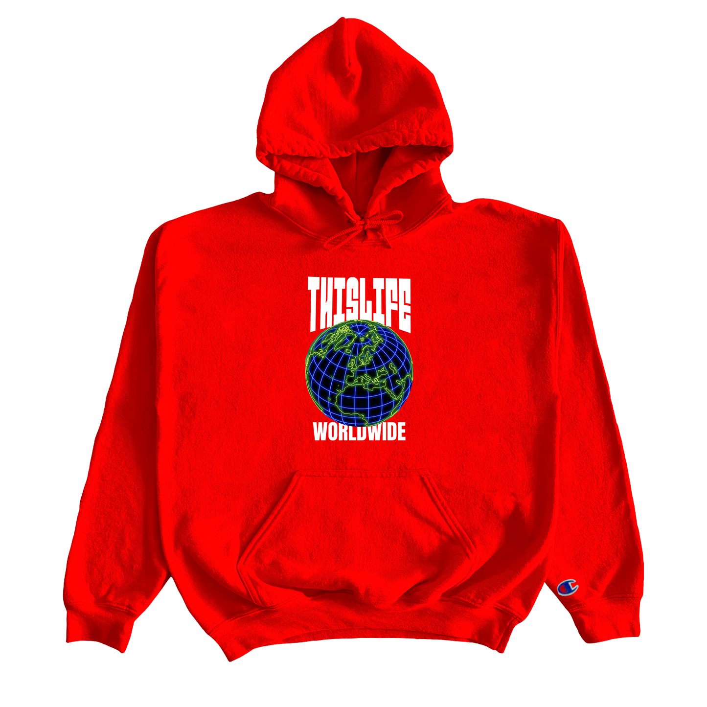 red champion pullover hoodie with THisLIFE Worldwide design